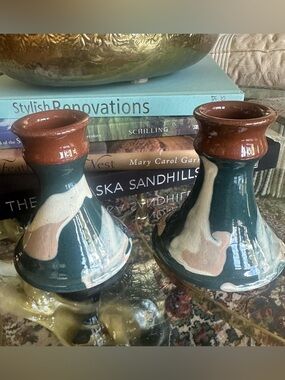 Terrybaum Irish Handmade Drip Glaze Ceramic Candle Holders - Vintage